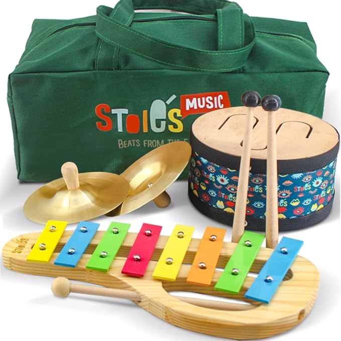 Stoie’s Percussion Toddler Musical Instruments, Montessori Wooden Set of Musical Instruments for Kids Ages 3-5, 5-9, 9-12- Baby Musical Toys with Baby Xylophone, Kids Mini Band Musical Instruments
