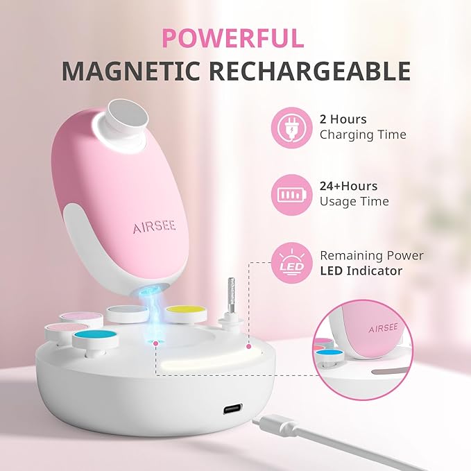 AIRSEE Premium Newborn Gift Electric Baby Nail File, Cordless Safe Nail Trimmer for Infant, 6 Replacement Heads with Magnetic Storage Case, 360° Light, Baby Clipper, Christmas, Candy Pink