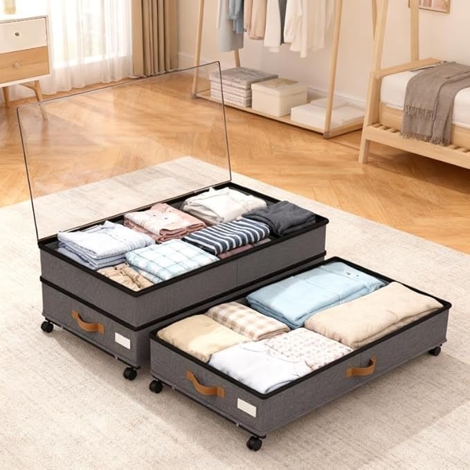 GOVEYONY Under Bed Storage with Wheels 2-Pack, 75L XXL Under the Bed Storage Containers Large, 12" Tall Adjustable Storage for Underbed with Lids, Rolling for Clothes, Shoes, Blankets (Grey)