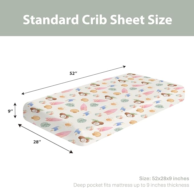 Neutral Summer Beach Baby Crib Sheets for Boy Girl 52x28Inch Surfboard Coconut Seashells Sun Balls Soft Snug Fitted Crib Mattress Cover Seaside Holiday Baby Sheet for Crib and Toddler Bed Mattress