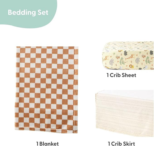 The Peanutshell Baby Crib Bedding Set for Boys or Girls - 3 Pieces - Newborn, Infant & Toddler Bed - Checkered Baby Blanket Set with Fitted Crib Sheet, Dust Ruffle - Elephant Safari Nursery Decor