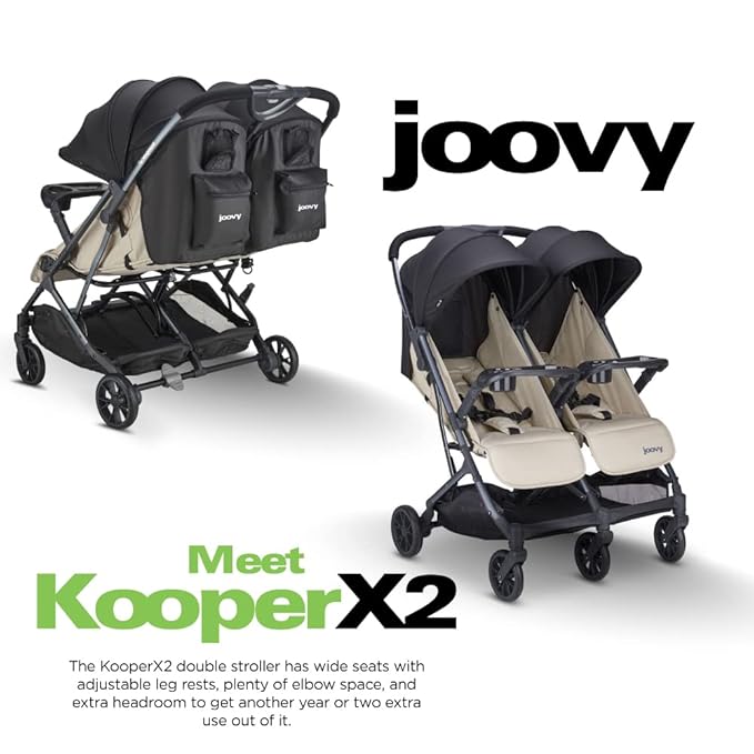 Joovy Kooper X2 Double Stroller, Lightweight Travel Stroller, Compact Fold with Tray, Sand