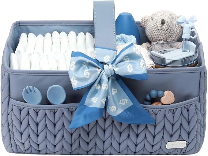 LUKJOJO Luxurious Baby Diaper Caddy, Nursery Storage Basket for Newborn Essentials, Travel Baby Basket for Diapers Baby Wipes, Organizer Tote Bag Storage Bin, Baby Shower Gifts(ash blue)