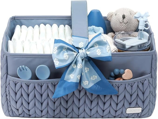 LUKJOJO Luxurious Baby Diaper Caddy, Nursery Storage Basket for Newborn Essentials, Travel Baby Basket for Diapers Baby Wipes, Organizer Tote Bag Storage Bin, Baby Shower Gifts(ash blue)