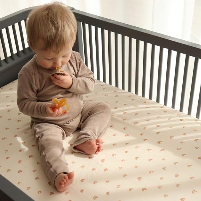 Crib Sheets – Organic Cotton Muslin Fitted Crib Sheet – Standard Size for Baby Boy and Baby Girl 28" x 52" Ultra-Soft and Breathable. (Rainbows)