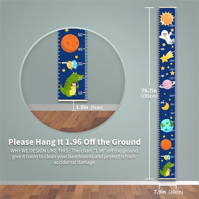 Baby Height Growth Chart - Canvas Height Chart for Kids Baby Child Toddler Boys Girls Growth Chart for Wall Room Nursery Decor Hangable and Removable Measuring Wall Ruler (Space, Beige Wood)