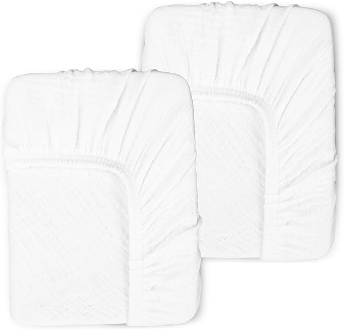 2 Pack White Muslin Mini Crib Sheets for Girl and Boy- Neutral Breathable Mini Crib Mattress Sheets Fitted for 24"x 38" -Nursery Décor Soft No Slip Crib Bed Sheets