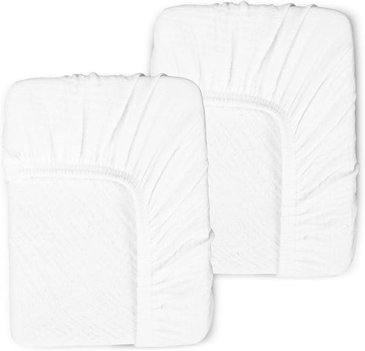 2 Pack White Muslin Mini Crib Sheets for Girl and Boy- Neutral Breathable Mini Crib Mattress Sheets Fitted for 24"x 38" -Nursery Décor Soft No Slip Crib Bed Sheets