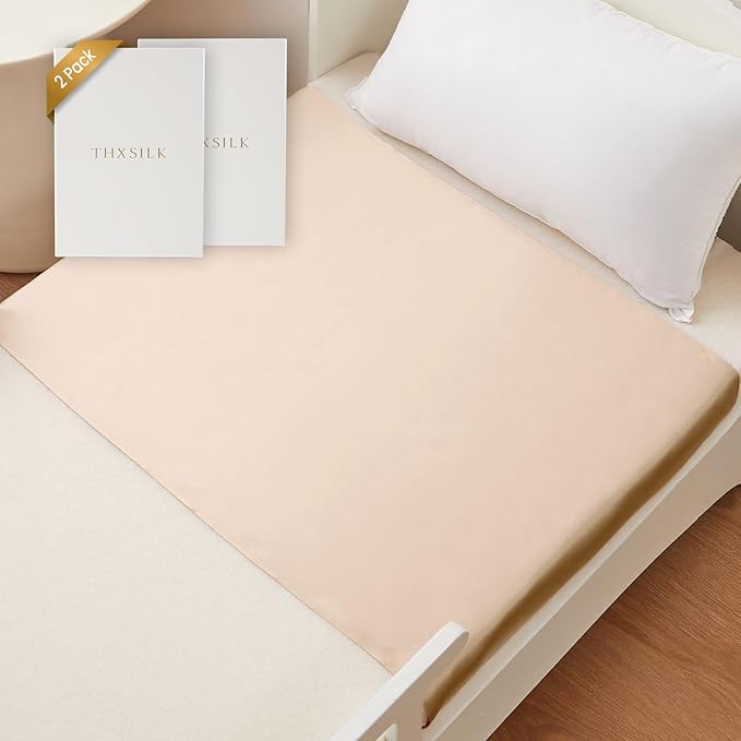 THXSILK 100% 7A+ Grade Mulberry Silk Mini Crib Toddler Baby Bedding Sleeve for Hair and Skin Health, Oeko-TEX Certified Safety Comfortable 41.4inch*20.5inch, Champagne 2 Pack
