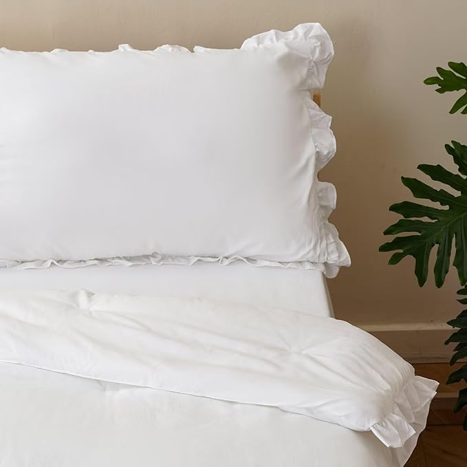 CLOTHKNOW White Toddler Bedding Sets, 4 Pieces White Ruffles Farmhouse Pattern, Soft Crib Bed Set Including Comforter, Flat Sheet, Fitted Sheet and Pillowcase