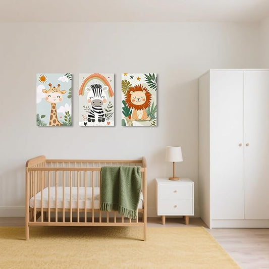 LZIMU Nursery Animal Canvas Wall Art 3 Pieces Cute Animal Baby Picture Prints Woodland Nursery Painting for Kids Boy Girls Room Decor Framed (Beige, 11x14inchx3 Pieces)