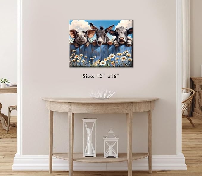 Farm Animals Canvas Wall Art Farmhouse Cow Donkey Pig Pictures Canvas Bathroom Decor Prints Painting,Rustic Animals Framed Artwork for Bedroom Living Room Kitchen Bathroom Decor12 x16