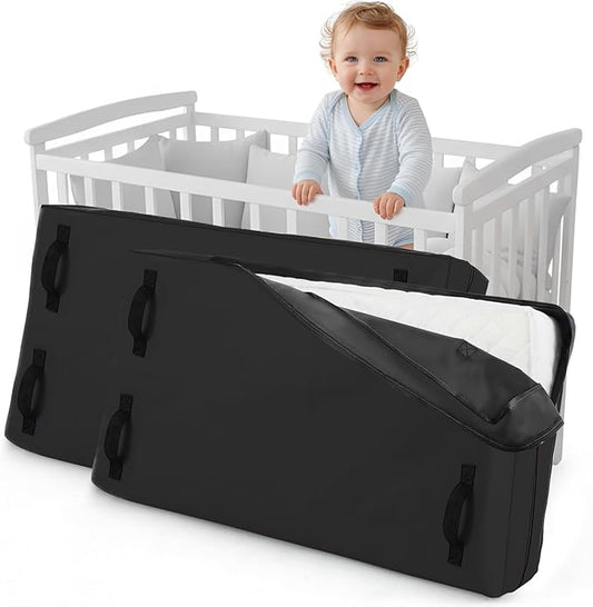 2 Pcs Oxford Cloth Waterproof Crib Mattress Storage Bag with Zipper and 8 Reinforced Handles Heavy Duty Reusable Crib Mattress Cover for Storage, 52.5 x 28 x 6.5 Inches (Black)