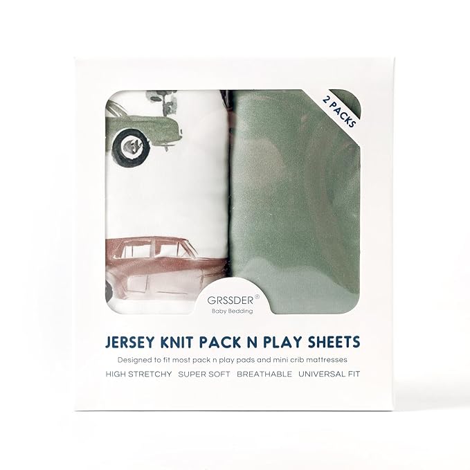 GRSSDER Pack n Play Sheets Fitted 2 Pack, Stretchy Ultra Soft Jersey Knit Pack and Play Sheets, Universal Fitted Portable/Mini Crib Mattresses Snug and Safe, Neutral Pattern of Cars Print