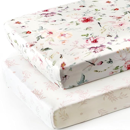 Fitted Crib Sheets Set 2 Pack, Ultra Soft Stretch Jersey Knit Crib Sheet Fit All Standard Crib Mattress Pads Safe and Snug, Crib Fitted Sheet for Baby, Beautiful Flowers and Insects Pattern