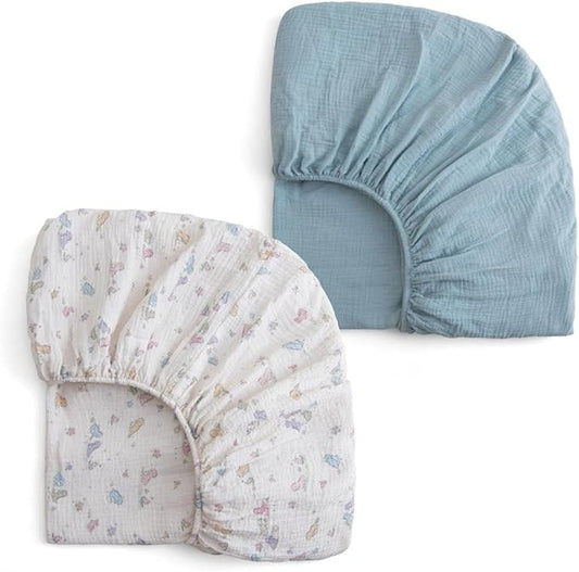 Muslin Crib Sheets - Fitted Crib Mattress Sheets for Boys and Girl - 28"x 52", 2 Pack (Dinosaur, Blue)