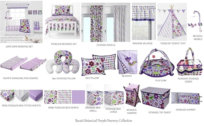 Bacati - Botanical Sanctuary Purple 4 Piece Cotton Girls Toddler Bedding Set 100 Percent Cotton Includes Reversible Comforter, Fitted Sheet, Top Sheet, and Pillow Case for Girls