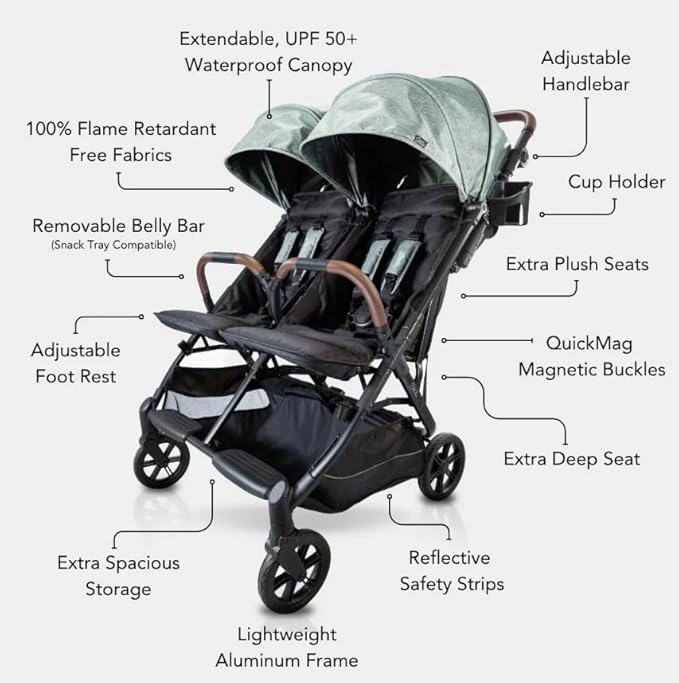 Strolee Lightweight Double Side by Side Stroller - 22 Lbs, 9.5" Compact Fold, Twin Nap Ready Seating, No Rethread Harness, Magnetic Buckle & Ultra Plush Seat 60Lb Max Per Seat- (v2 Shadow)