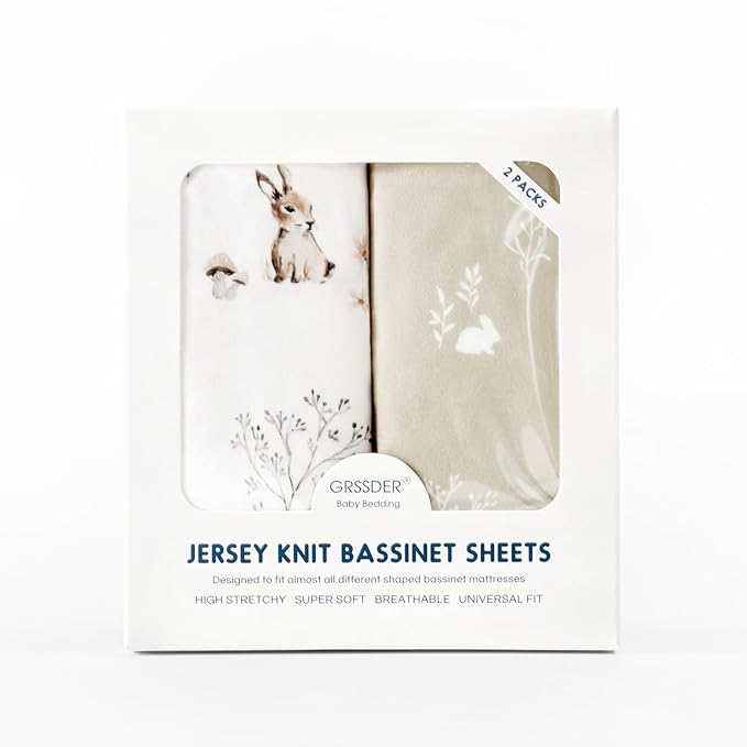 GRSSDER Stretch Ultra Soft Fitted Bassinet Sheet Set 2 Pack, Universal Fit for Bassinets Baby Cradle Moses Basket Oval Rectangle Mattress Safe and Snug, Stylish Watercolor Rabbit Pattern