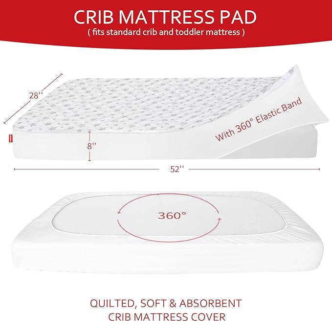 Crib Mattress Protector Waterproof 2 Pack, Quilted Crib Mattress Pad Cover 52" x 28" Extra Soft Breathable Toddler Bed Cover Stretch Up to 8", Pink & White Star