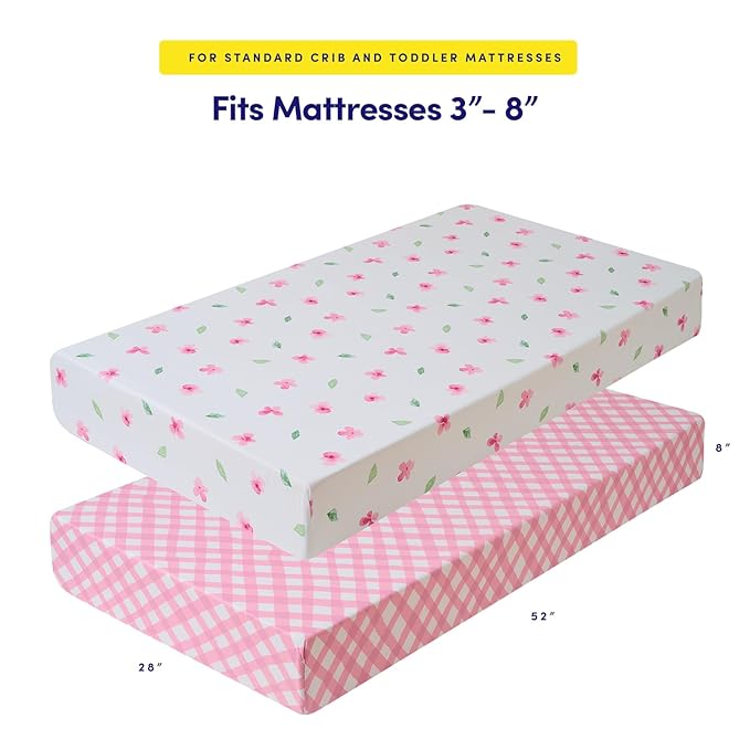 2 Pack Crib Sheets for Boys & Girls – Snug Full Elastic Fit for Standard Crib Mattresses (28″×52″) – Stylish Zoo Animals, Feathers, Gingham & Petals, Watercolor Vines Prints, Gingham & Petals