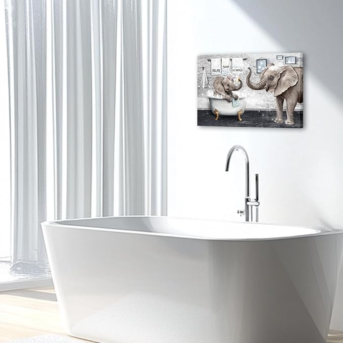 Artsbay Elephant Bathroom Wall Art Animal In Bathtub Pictures Funny Bathroom Canvas Prints Artwork For Kids Nursery Washroom 16x24inches