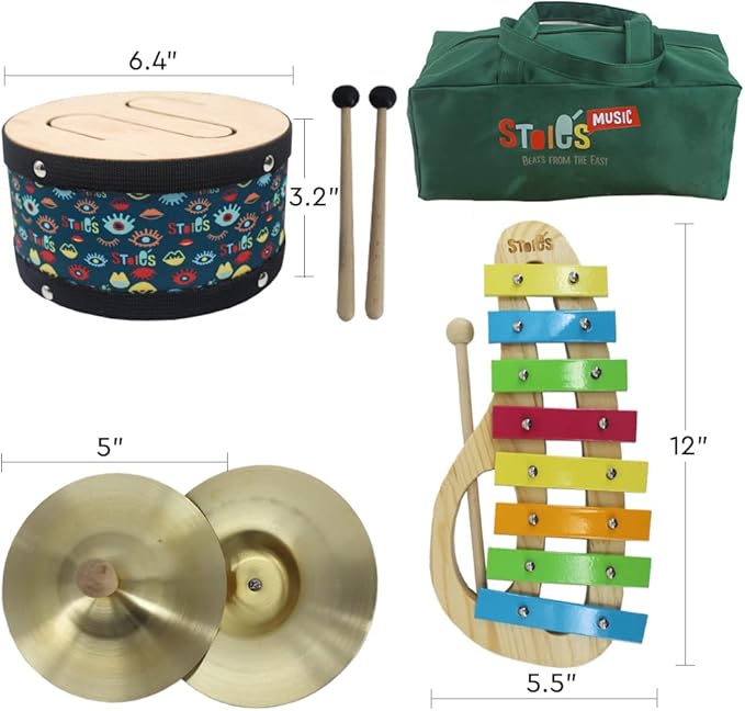 Stoie’s Percussion Toddler Musical Instruments, Montessori Wooden Set of Musical Instruments for Kids Ages 3-5, 5-9, 9-12- Baby Musical Toys with Baby Xylophone, Kids Mini Band Musical Instruments