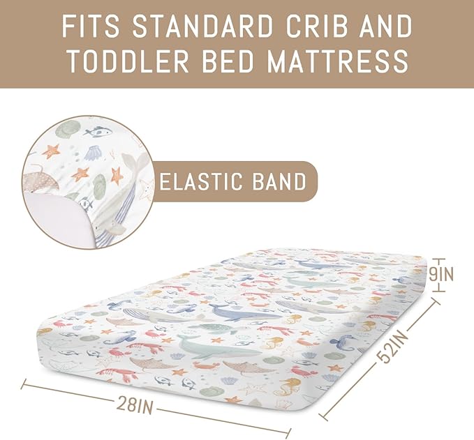 Boho Ocean Animals Baby Crib Sheets for Boys Girls Sea Horse Whale Turtle Crab Fish Soft Stretchy Crib Mattress Fitted Cover for 52''x28'' Standard Crib & Toddler Mattresses Marine Coastal Bed Sheets