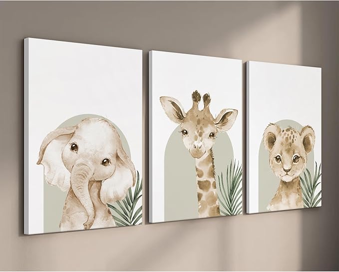 Animal Wall Art Pictures Baby Nursery Canvas Wall Art Decor Safari Animal Prints Jungle Kids Wall Art Woodland Nursery Wall Decor Giraffe Jungle Poster for Room 16x24 Inch Framed Set of 3