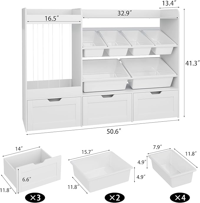 VortinT Kids Stuffed Animal Storage, 50.6" W x 41.3" H Large Toy Organizer Shelf with 6 Plastic Bins, 3 Rolling Drawers, Wooden Toddler Toy Organization Shelves for Play Room, Nursery(White)