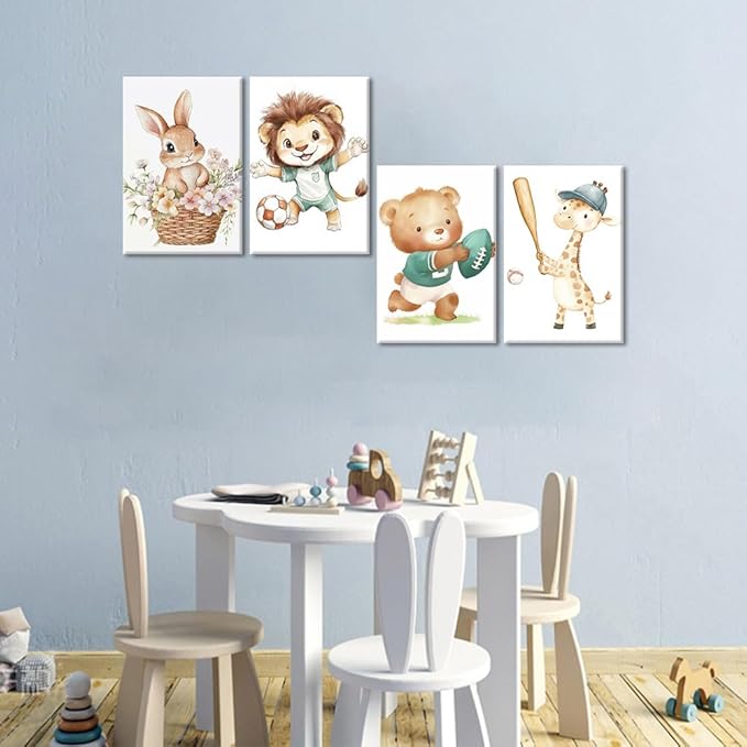 Animal Canvas Wall Art 4 Piece Cute Rabbit Lion Bear Giraffe Picture Prints Watercolor Nursery Animals Paintings for Kids Room Bathroom Nursery Decor Framed(Animal-1,16.00" x 24.00" x 4Pcs)