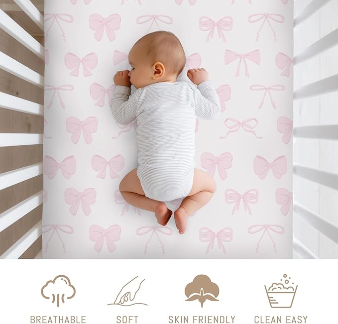 Pastel Pink Bows Baby Crib Sheets for Boys Girls Preppy Girly Ribbons Soft Snug Fitted Crib Mattress Covers for 52''x28'' Standard Crib & Toddler Mattress Cute Valentine Bows Nursery Bed Sheets