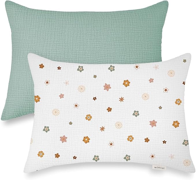 Toddler Pillowcases for 14"x20" Pillow 2 Pack, Muslin Small Toddler Baby Kids Travel Pillow Covers for Boys Girls with Envelope Closure (Sage & Flower-B, 14 x 20 Inch)