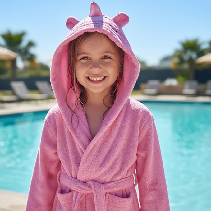 BAGNO MILANO Kids Organic Turkish Cotton Hooded Beach Cover-Up Towel, GOTS Certified, for Boys and Girls (Pink Unicorn, 5-6 Years)