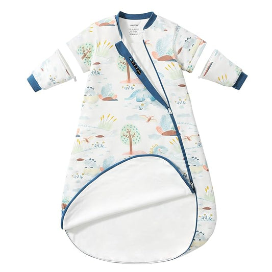 Baby Sleep Sack 18–24 Months, Cotton Sleep Sack with Detachable Long Sleeves, 1.0 TOG Wearable Blanket for Cooler Nights, 2-Way Zipper Toddler Sleeping Sack with Temperature Strip, Dinosaur