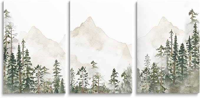 SKYSUKEY Foggy Forest Wall Art Woodland Nursery Wall Decor Netural Wild Nature Nursery Decor Mountain Wall Art Green Landscape Prints for Boy Girl Bedroom Living Room Home, Framed Set 3, 16"x24"