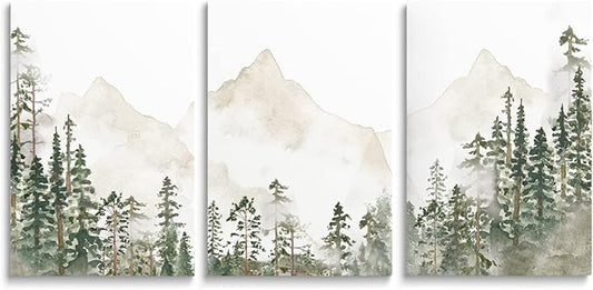 SKYSUKEY Foggy Forest Wall Art Woodland Nursery Wall Decor Netural Wild Nature Nursery Decor Mountain Wall Art Green Landscape Prints for Boy Girl Bedroom Living Room Home, Framed Set 3, 16"x24"