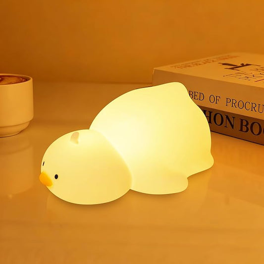 loatme Night Light for Kids, Rechargeable Dimmable Silicone LED Nightlight with 7 Colors, Baby Nursery Night Lamp, Touch Squishy Lamp, Cute Gifts for Girls, Boys, Toddler Room Decor, Lying Duck