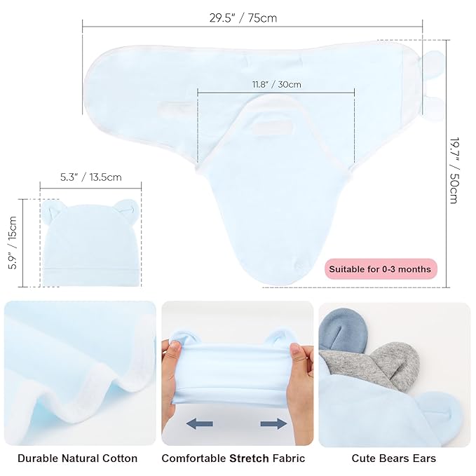 DRESHOW BQUBO 3 Pack Baby Swaddle Sleep Sacks Baby Swaddling Blanket Wrap Newborn Swaddle Sack with Bear Ears Hat for Boys Girls 6-12 Lbs Newborns & 0-3 Months Girls Boys