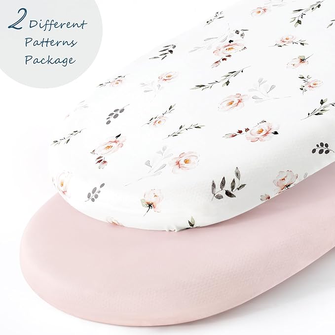 Stretch Ultra Soft Fitted Bassinet Sheet Set 2 Pack, Universal Fit for Bassinets Baby Cradle Moses Basket Oval Rectangle Mattress Safe and Snug, Pink Rose Print