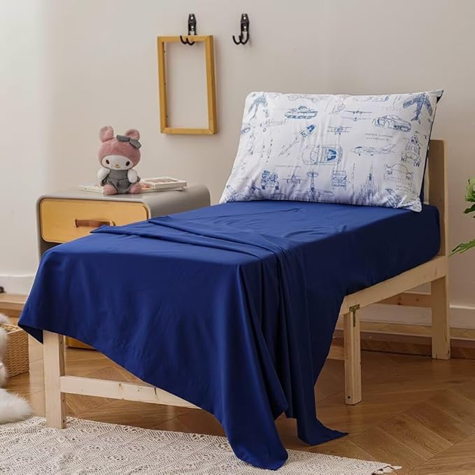 CLOTHKNOW Traffic Toddler Bedding Sets for Boys, 4 Pieces Bedding Sets Cars Airplane Tank Helicopter Pattern, Soft Crib Bed Set Including Comforter, Flat Sheet, Fitted Sheet and Pillowcase