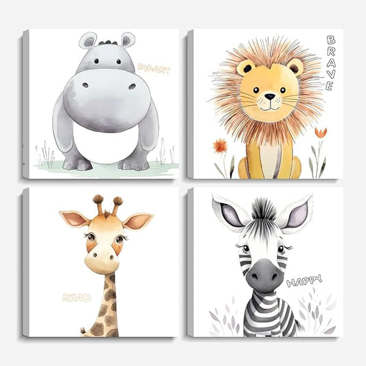 LYUNSHUO Cartoon Animals Wall Art 4 Piece Kids's Room Nursery Decor Inspirational Picture Cute Hippo Lion Giraffe Zebra Artwork for Living Room Bedroom Home Decor(Art-2,20.00"x20.00"x4P)
