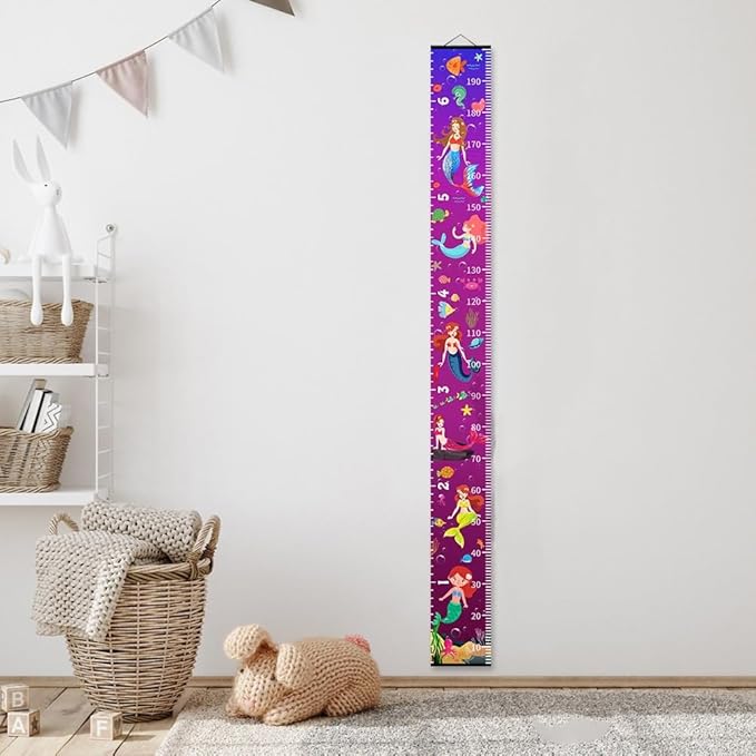Nustila Ocean Mermaid Growth Chart for Kids Baby Height Chart Ruler Removable Canvas Wooden Frame Hanging Wall Rulers Measurement Charts for Toddler Room Nursery Decor - 79"X7.9" with Black Wood