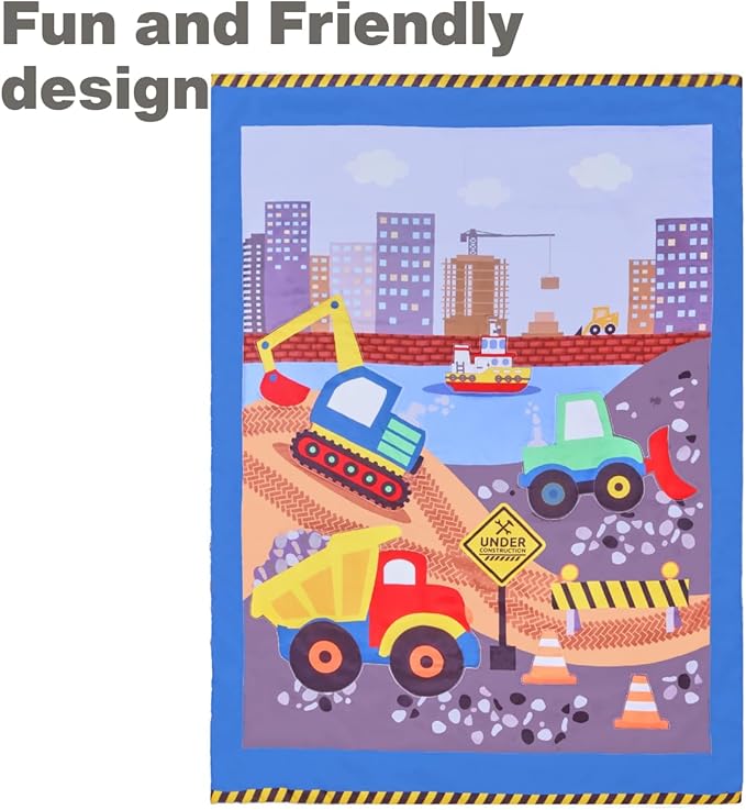 EVERYDAY KIDS 4 Piece Toddler Bedding Set - Under Construction - Includes Comforter, Flat Sheet, Fitted Sheet and Reversible Pillowcase