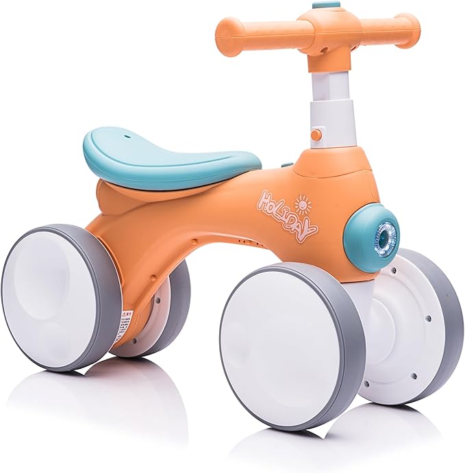 Baby Balance Bike 1 Year Old with Music, Lights, Bubble Machine, 4 Wheels Pedal-Less Toddler Ride on Toys for 12-36 Months Birthday Gift, Toddler boy Toys（Orange&Green）