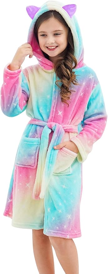 Doctor Unicorn Girls Leopard Cat Robe Kids Fleece Warm Hooded Bathrobe