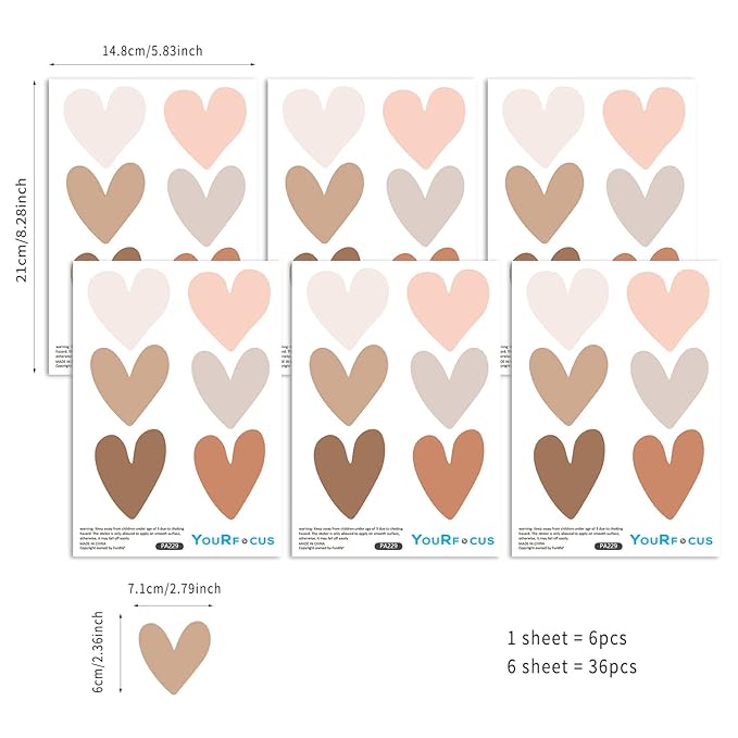 Boho Wall Decal for Girls Bedroom 36 PCS, Boho Heart Wall Stickers Peel and Stick for Nursery Kids Room Décor, Removable Wall Decals Vinyl Murals DIY Cute Decorations (6 Sheets)