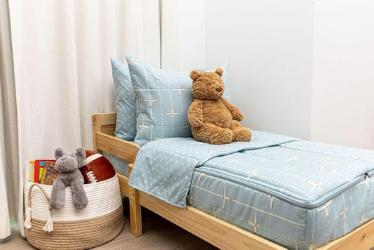 Beddy's Airplane Theme Durable Zipper Bedding for Kids, Bed in a Bag, Light Blue Sheets & Comforter with Plane Design, Includes Pillowcase & Pillow Sham Easy to Make & Wash