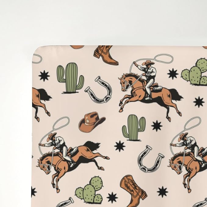 Country Western Baby Crib Sheets for Boy Girl 52x28Inch Cowboy Hat Boots Horse Cactus Soft Snug Fitted Crib Mattress Covers Wild West Desert Baby Sheet for Standard Crib & Toddler Bed Mattresses