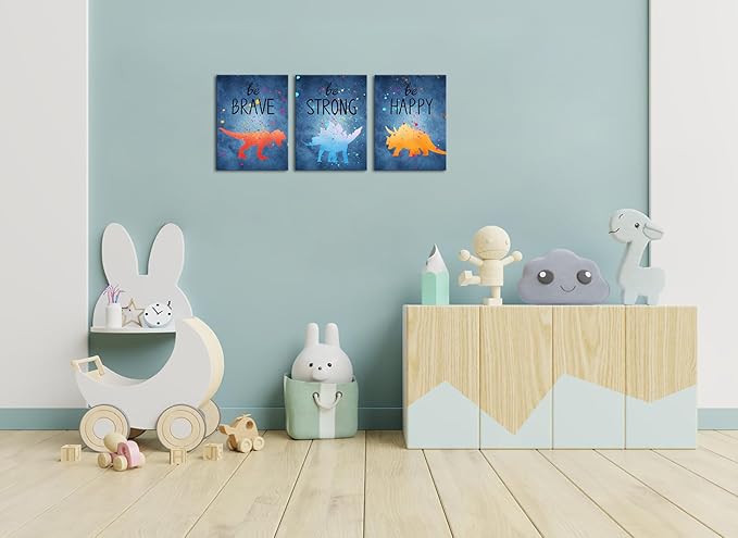 Apicoture Navy Blue Dinosaur Kids Room Wall Decor Brave Happy Cartoon Quotes Dinosaur Paintings Canvas Wall Art Pictures For Childrens Bedroom Framed, 12"X16"X3 Panels (Blue)